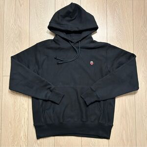 Champion Reverse Weave Hoodie Black Pullover Sweatshirt Tapered Strawberry Logo